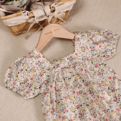 Baby Girl Floral Print Square Collar Bow Tie Front Short-sleeved Onesies Wholesale