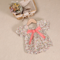 Baby Girl Floral Print Square Collar Bow Tie Front Short-sleeved Onesies Wholesale