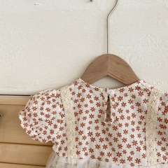 Baby Girl Floral Print Combo Mesh Design Round Collar Short-sleeved Romper Dress Wholesale