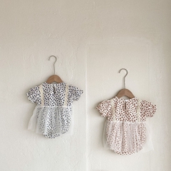 Baby Girl Floral Print Combo Mesh Design Round Collar Short-sleeved Romper Dress Wholesale