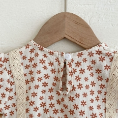 Baby Girl Floral Print Combo Mesh Design Round Collar Short-sleeved Romper Dress Wholesale
