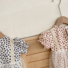 Baby Girl Floral Print Combo Mesh Design Round Collar Short-sleeved Romper Dress Wholesale