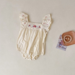 Baby Girl Embroidered Floral Front Flutter Sleeveless Romper Onesies Wholesale