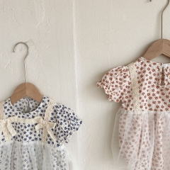 Baby Girl Floral Print Combo Mesh Design Round Collar Short-sleeved Romper Dress Wholesale