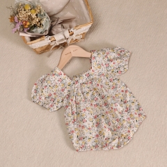 Baby Girl Floral Print Square Collar Bow Tie Front Short-sleeved Onesies Wholesale