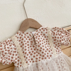 Baby Girl Floral Print Combo Mesh Design Round Collar Short-sleeved Romper Dress Wholesale