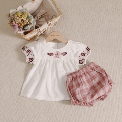 Baby Girl Embroideried Floral Dress Combo Plaid Short Pants In Sets Wholesale