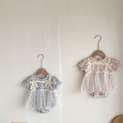 Baby Girl Floral Print Combo Mesh Design Round Collar Short-sleeved Romper Dress Wholesale