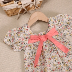Baby Girl Floral Print Square Collar Bow Tie Front Short-sleeved Onesies Wholesale