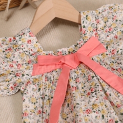 Baby Girl Floral Print Square Collar Bow Tie Front Short-sleeved Onesies Wholesale
