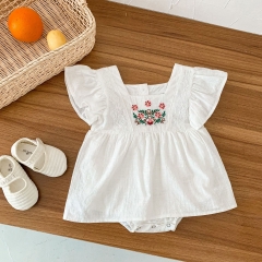 Baby Girl Flutter Sleeve Square Collar Embroidered Flowers Dress Romper Wholesale