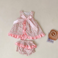 Baby Girl Floral Print Sleeveless Round Collar Dress Combo Short Pants In Sets Summer Outfit Wearing Wholesale