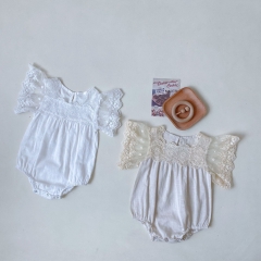 Baby Girl Solid Square Collar Lace Short-sleeved Onesies Wholesale