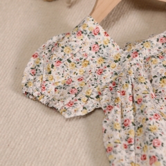Baby Girl Floral Print Square Collar Bow Tie Front Short-sleeved Onesies Wholesale