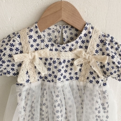 Baby Girl Floral Print Combo Mesh Design Round Collar Short-sleeved Romper Dress Wholesale