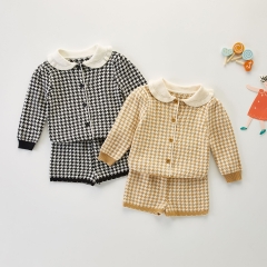 Baby Girl Houndstooth Design Doll Collar Top Sweater Coat Combo Short Pants In Spring Autumn Outfit Wearing Wholesale