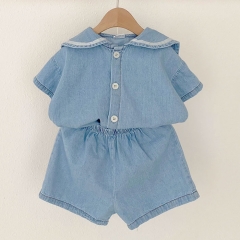Baby Girl Navy Collar Cowboy Top Combo Softness Pants In Sets Wholesale