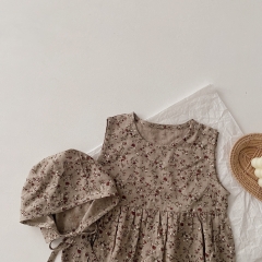 Baby Girl Sleeveless Floral Print Romper Combo Hat In Summer Outfit Wearing Wholesale