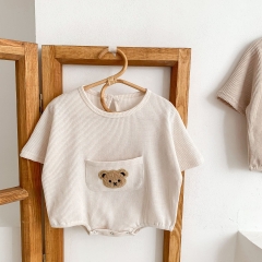 Baby Unisex Round Collar Short-sleeved Bear On Front Pocket Wholesale