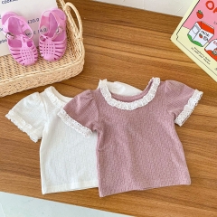 Baby Girl Solid Lace Collar Short-sleeved Top In Summer Wholesale