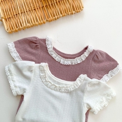 Baby Girl Solid Lace Collar Short-sleeved Top In Summer Wholesale