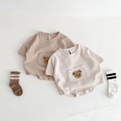 Baby Unisex Round Collar Short-sleeved Bear On Front Pocket Wholesale
