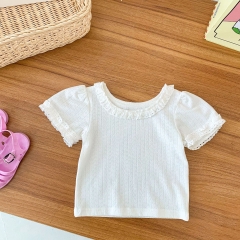 Baby Girl Solid Lace Collar Short-sleeved Top In Summer Wholesale