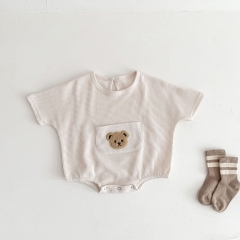 Baby Unisex Round Collar Short-sleeved Bear On Front Pocket Wholesale