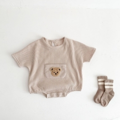 Baby Unisex Round Collar Short-sleeved Bear On Front Pocket Wholesale
