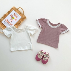 Baby Girl Solid Lace Collar Short-sleeved Top In Summer Wholesale