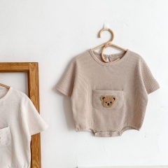 Baby Unisex Round Collar Short-sleeved Bear On Front Pocket Wholesale
