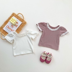 Baby Girl Solid Lace Collar Short-sleeved Top In Summer Wholesale