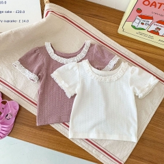 Baby Girl Solid Lace Collar Short-sleeved Top In Summer Wholesale