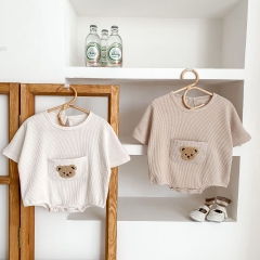 Baby Unisex Round Collar Short-sleeved Bear On Front Pocket Wholesale