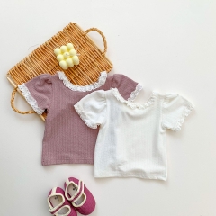 Baby Girl Solid Lace Collar Short-sleeved Top In Summer Wholesale