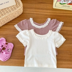 Baby Girl Solid Lace Collar Short-sleeved Top In Summer Wholesale