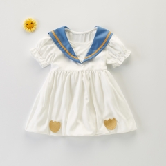 Baby Girl Navy Collar Short Sleeve White Patchwork Blue Dress Wholesale