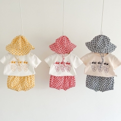 Baby Girl Bear Print Top Combo Heart Print Shorts and Hats 3-pieces Summer Sets Wholesale