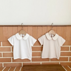 100% cotton white color short-sleeve doll collar T-shirt for baby in summer
