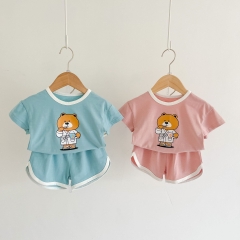 Baby Unisex Bear Print Round Collar Top Shirt Combo Short Pants In Sets Wholesale