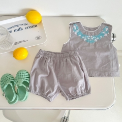 Baby Girl Embroidery Sleeveless Round-collar Top Combo Solid Short Pants In Sets Wholesale