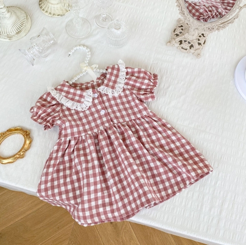 Ins sweet 2022 summer infant girl baby 0-3 years old clothes small Plaid lace cotton short sleeved skirt baby girl dresses wholesale