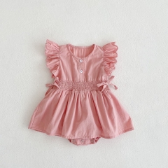 2022 baby new born clothes baby rompers solid color pointelle summer cotton pink newborn baby girl romper flying sleeve wholesale