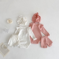 Baby Girl Solid Long-sleeved Pajamas Sets In Autumn With Hat Wholesale