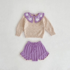 Baby Girl Color Contrast Knitting Sweater Lotus Leaf Collar Design Top Combo Short Pants In Sets Wholesale