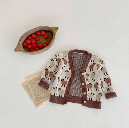 Baby Unisex Sheep Jacquard V-neck Knitted Coat Wholesale