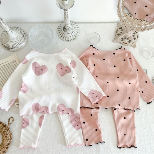 2-pieces Infant Baby Girls Long-sleeved Pit Strip Ribbed Cotton Pajamas Sets Wholesale