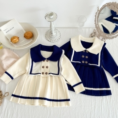 Toddler Girls Navy Collar Pleated Skirt Knitting Dress Wholesale