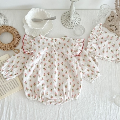 Infant Baby Girl Floral Print Long-sleeved Onesies Combo Hat In Sets Wholesale