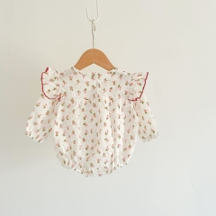 Infant Baby Girl Floral Print Long-sleeved Onesies Combo Hat In Sets Wholesale